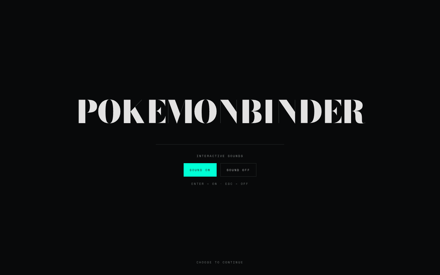 Pokémon Binder intro screen: a large stencil POKEMONBINDER wordmark with Sound on and Sound off buttons